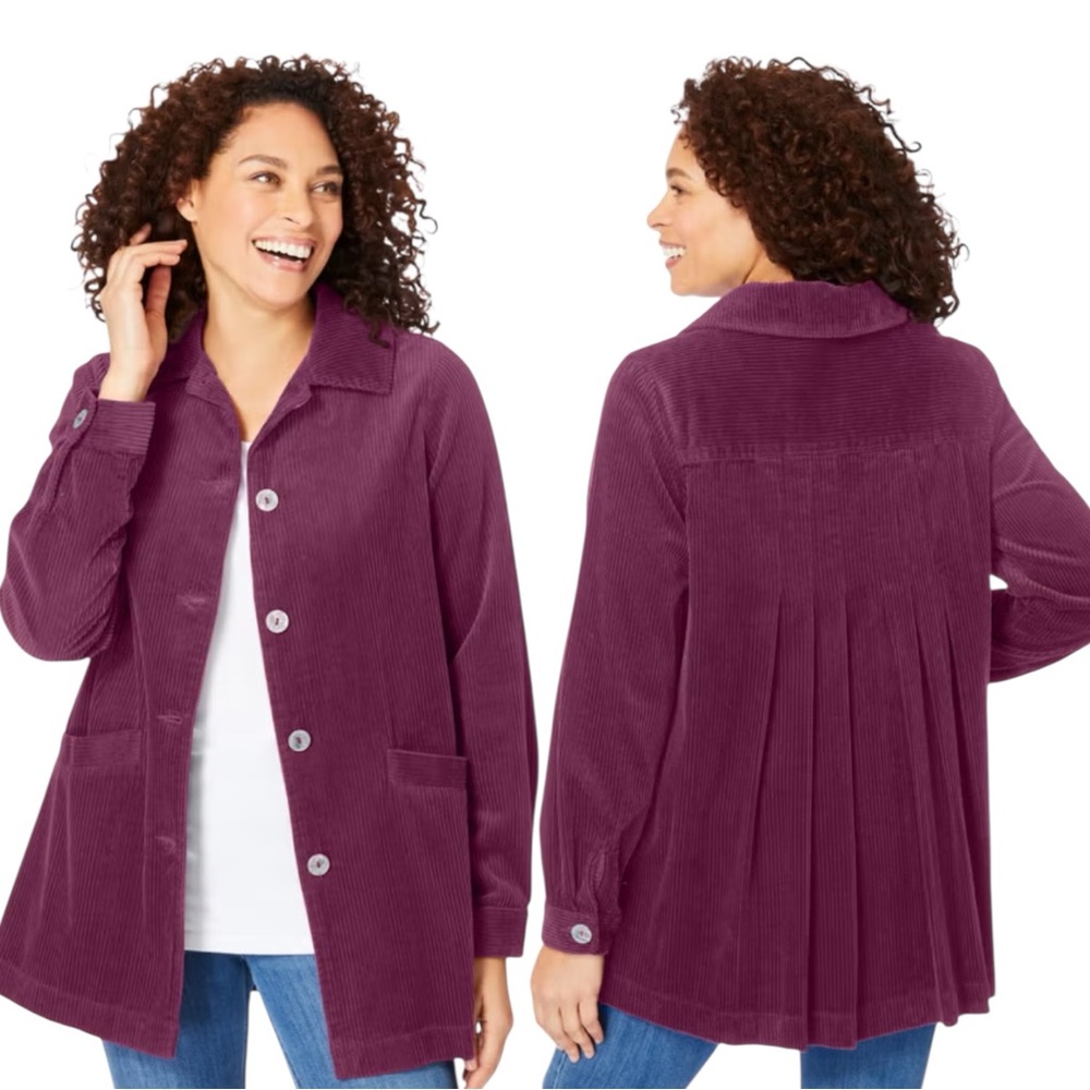 Woman Within Plum Pleat-Back Corduroy Button-Up Shirt Jacket - Size 14/16